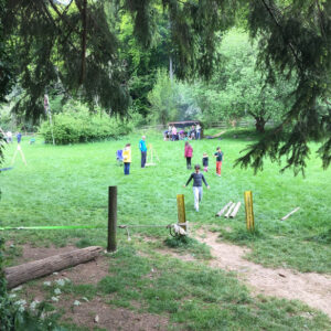 View across the camping field with cooking shelter
